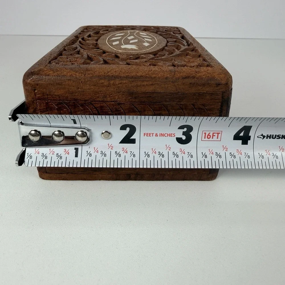 Hand Carved Wooden Jewelry Box Vintage Floral Inlay India Trinket Box